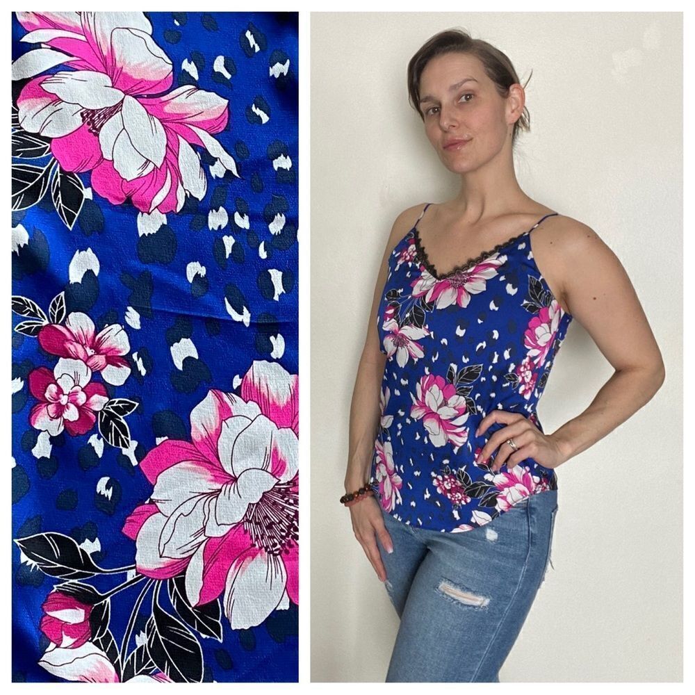 Express Top V Neck Blue Pink Floral Lace Small Feminine